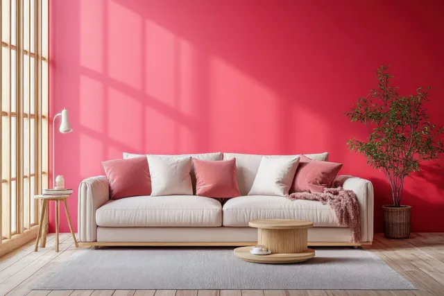 Light beige sofa against a vibrant pink wall with window light shadows across wooden flooring and a potted tree nearby.