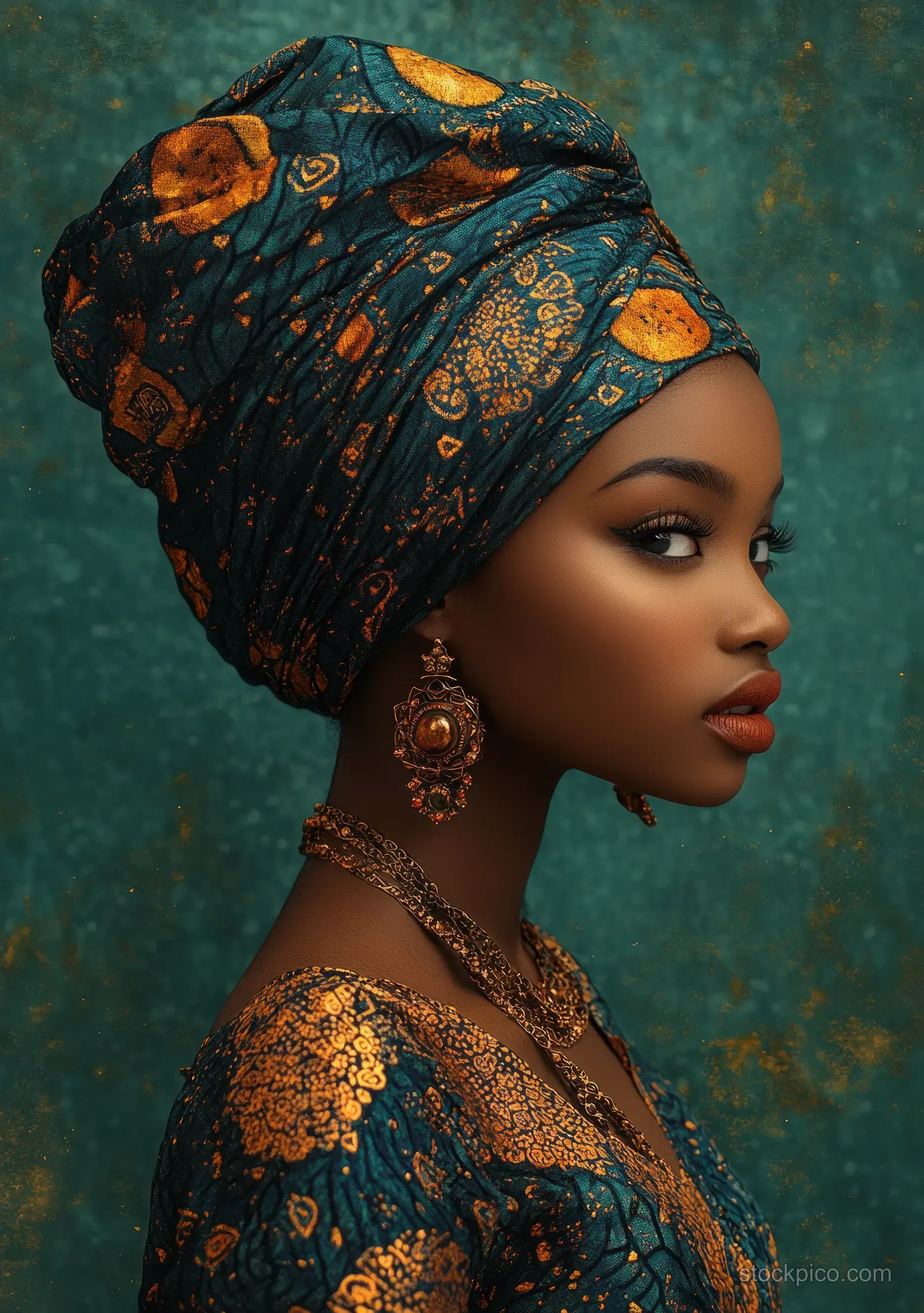 Watercolor portrait of an African woman wearing a patterned headwrap and gold jewelry with a soft teal background.