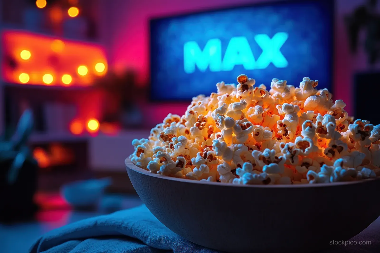 Popcorn fills a bowl in front of a glowing TV screen showing a MAX streaming logo.