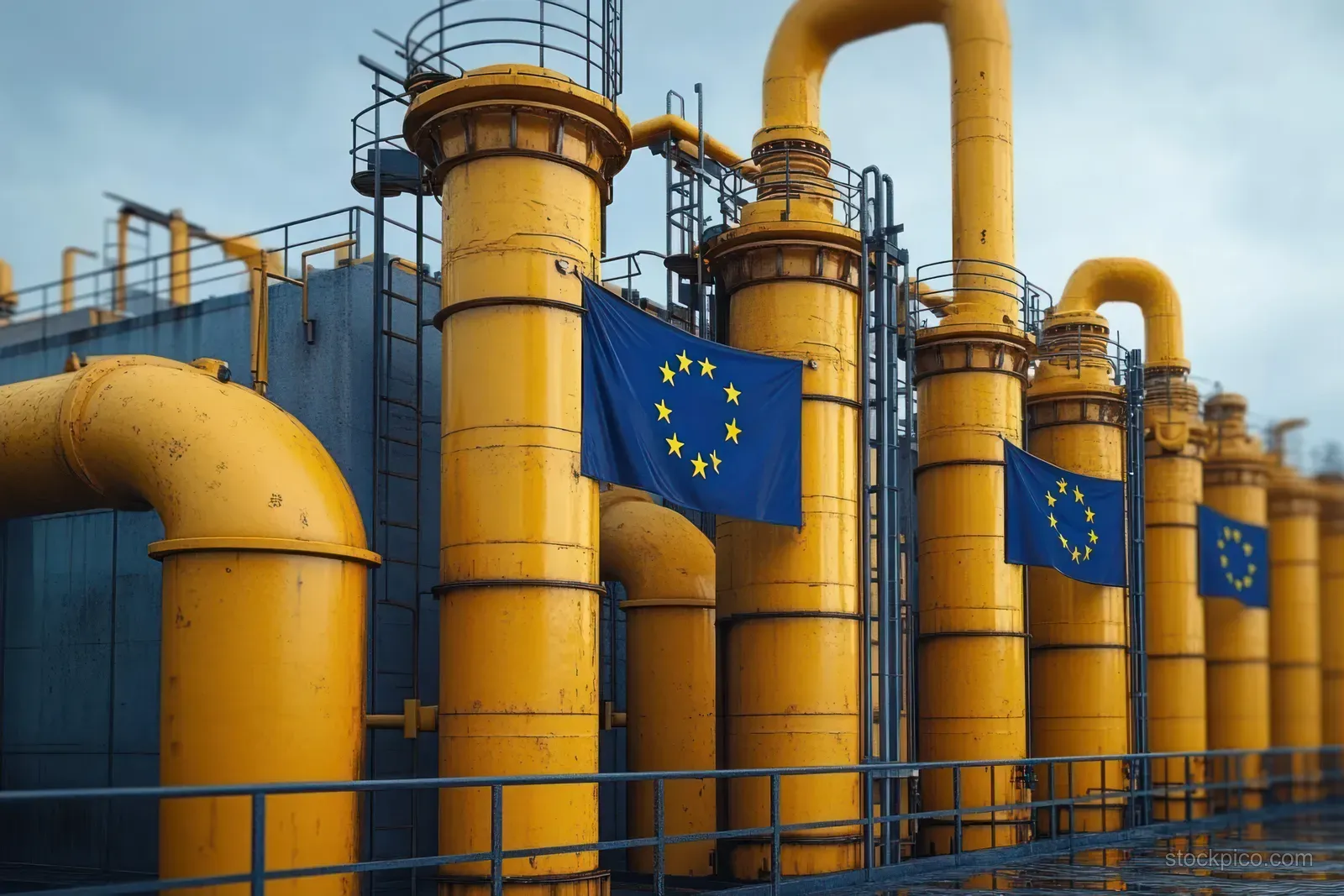 Yellow industrial pipeline towers with metal stairs and blue star flags under a cloudy sky.