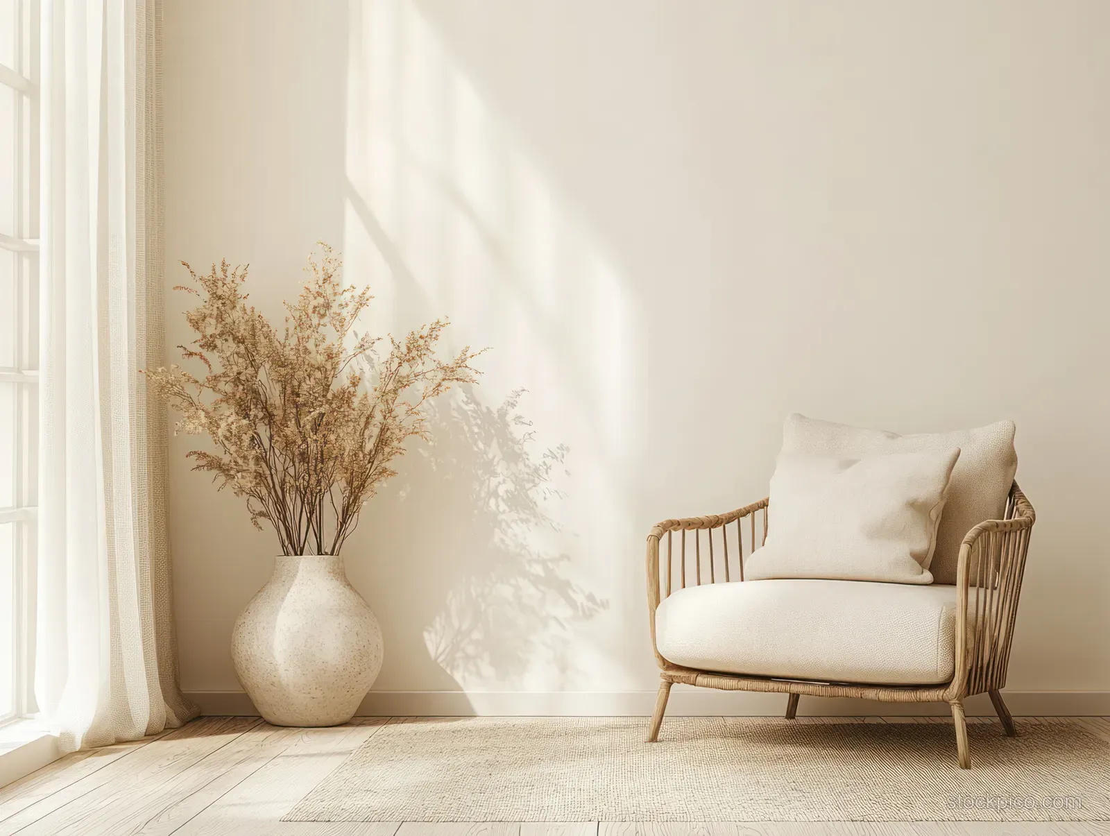 Beige linen armchair beside a vase of dried pampas grass in a bright minimalist Scandinavian living room.