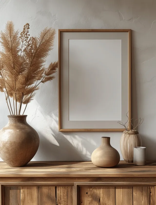 Blank poster in a rustic wooden frame above a wooden console with neutral vases and pampas-like dried branches on a beige wall.