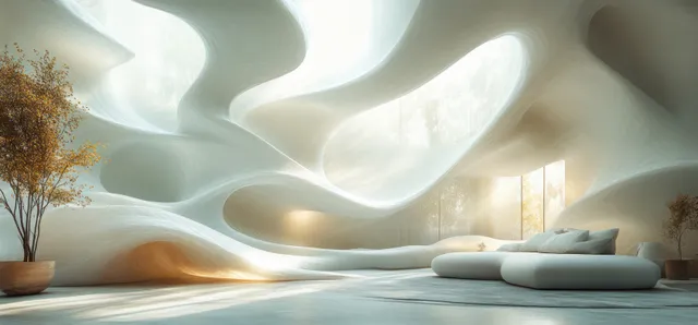 Abstract white wave wall waves fill a minimalist room with soft glow lighting