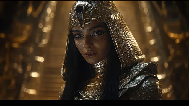A figure in engraved golden armor stands before softly lit stairs with a mysterious glowing background.