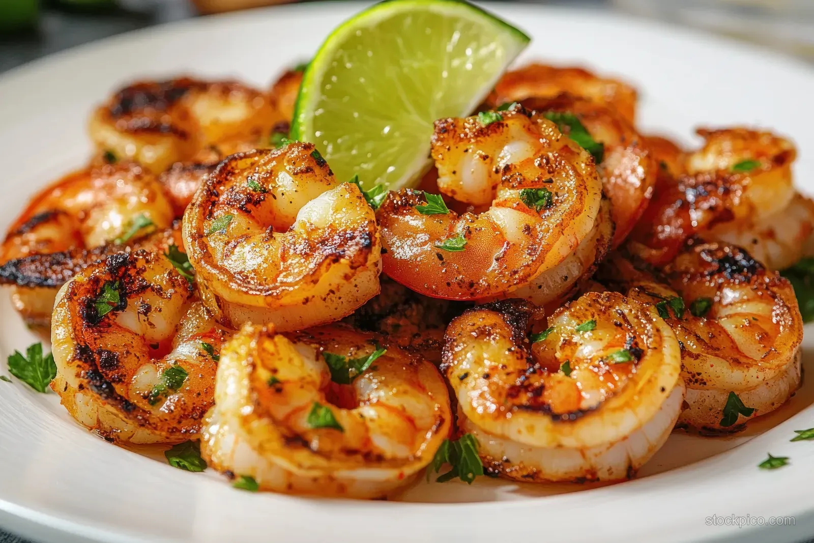Golden grilled shrimp on a white plate, topped with chopped herbs and a lime wedge.