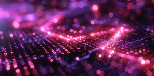 Neon data network glow across dark digital grid with branching connections and particles