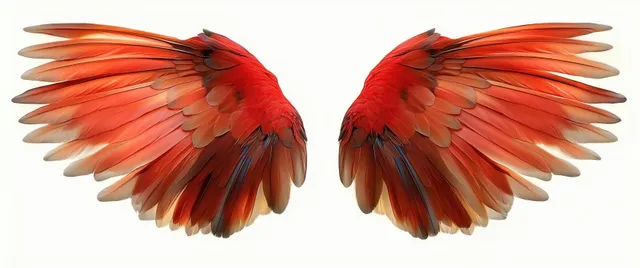 Symmetrical red and orange bird wings spread against a white background, revealing feather layers and warm gradients.