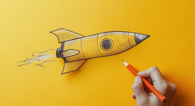 A hand draws a yellow rocket with black pencil lines on a bright yellow background.