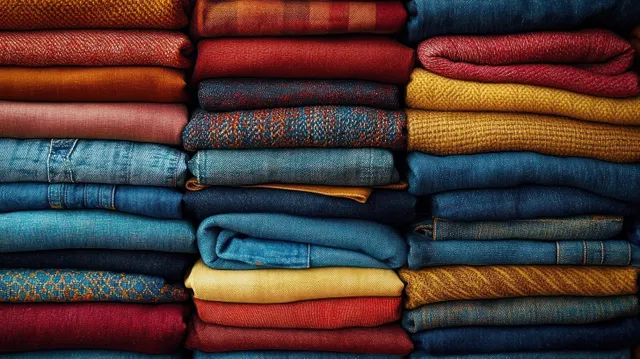 Neatly folded colorful fabrics and denim jeans are stacked in horizontal rows with visible fabric textures and color contrast.