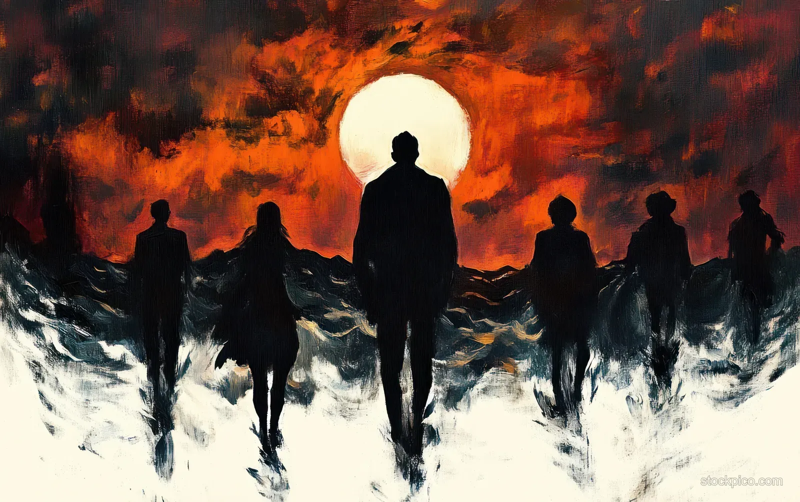 Six silhouetted walkers move through dense mist under a glowing white sun and fiery red-orange clouds.