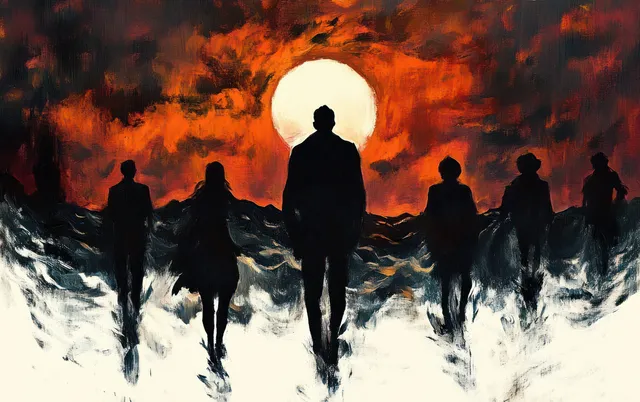 Six silhouetted figures stride through mist under a blazing white sun in red storm clouds
