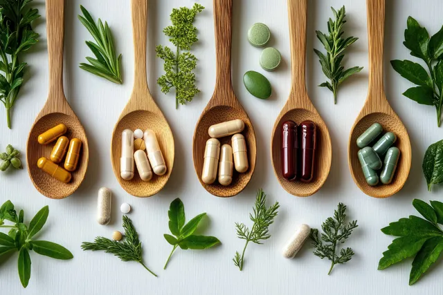 Colored capsules and tablets on wooden spoons surrounded by fresh green herbs on a white background.