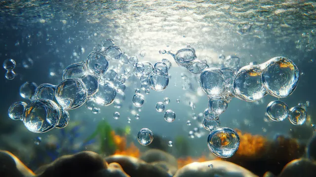 Translucent water molecule spheres and bubbles drift underwater over rocky sand under soft light.