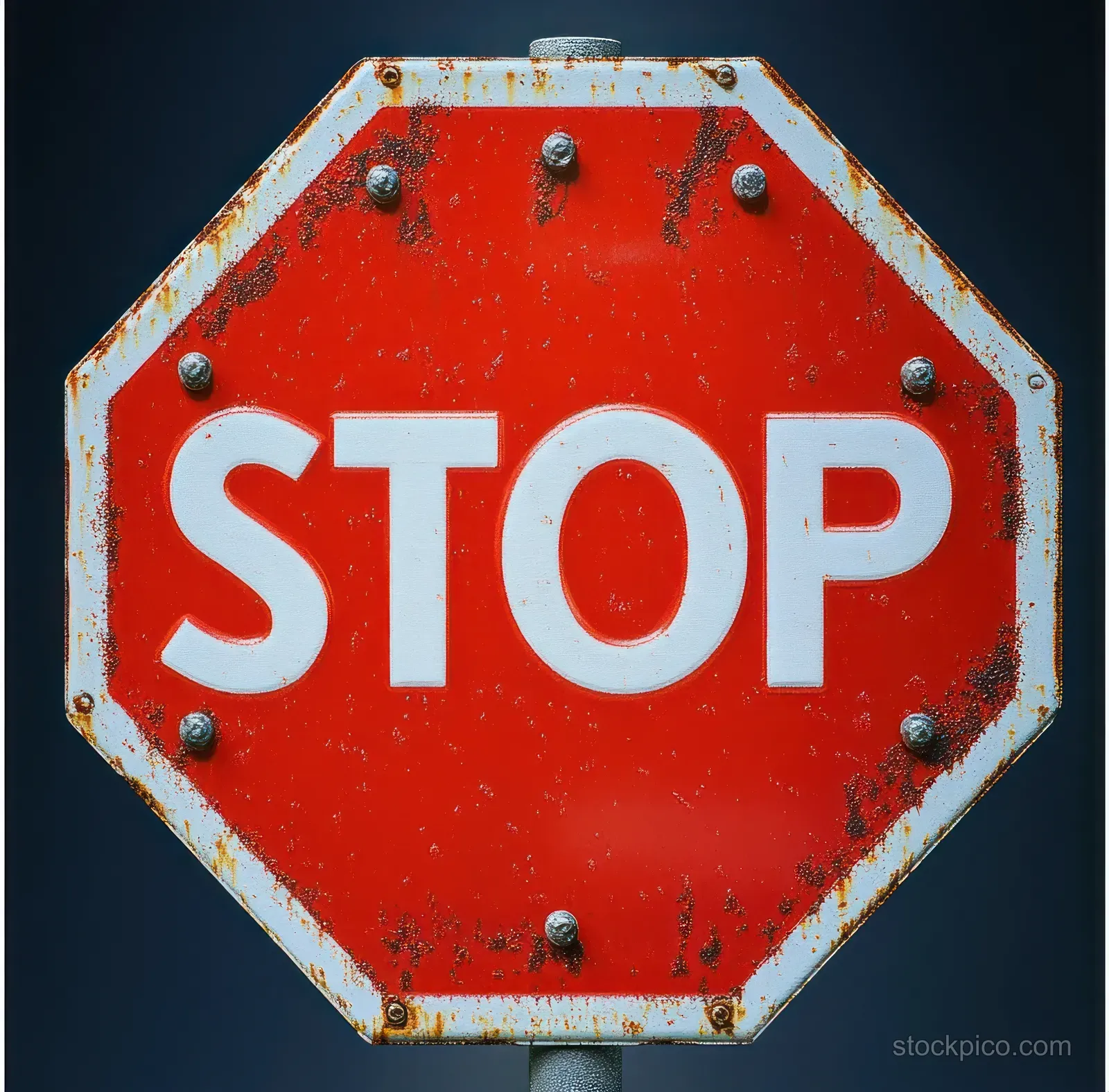 Weathered red octagonal STOP sign with white letters and rusted bolts against a dark background.
