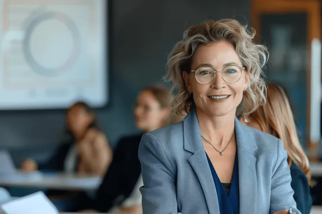 A smiling businesswoman in a blue blazer leads a team meeting in a softly lit office with a presentation screen in back.