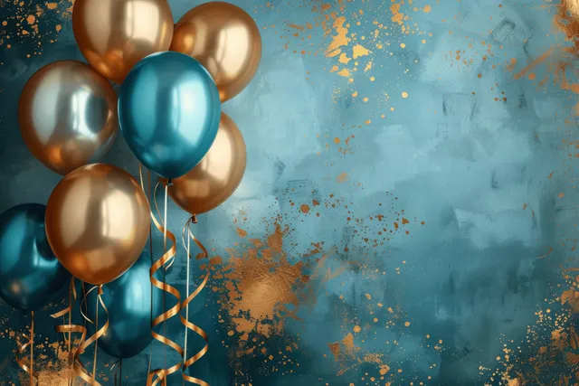 Gold and teal balloons with curled ribbons and scattered golden confetti against a blue celebration backdrop.