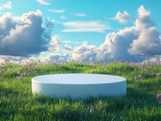 White circular pedestal on green grass with scattered pink flowers beneath dramatic blue clouds.