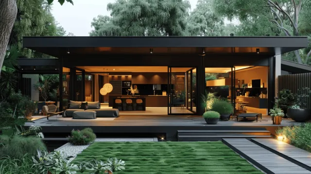 Black minimalist house exterior with covered deck and open kitchen-dining visible through glass beside a landscaped courtyard.