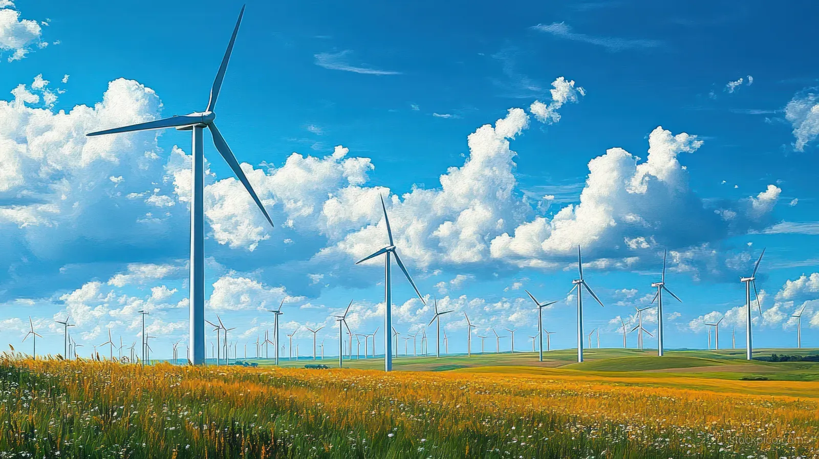 Wind turbines rise over rolling green hills with a blue sky and scattered white clouds during daytime.