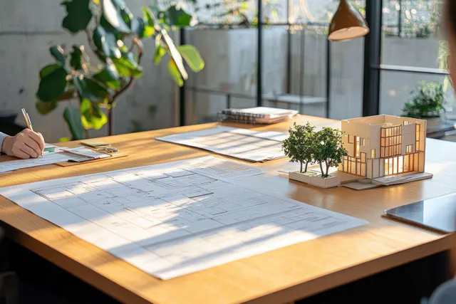 Architectural drawings and a small wooden model house sit on a sunlit office table during a property planning meeting.