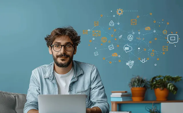 Smiling man in glasses using laptop at desk with blue studio background