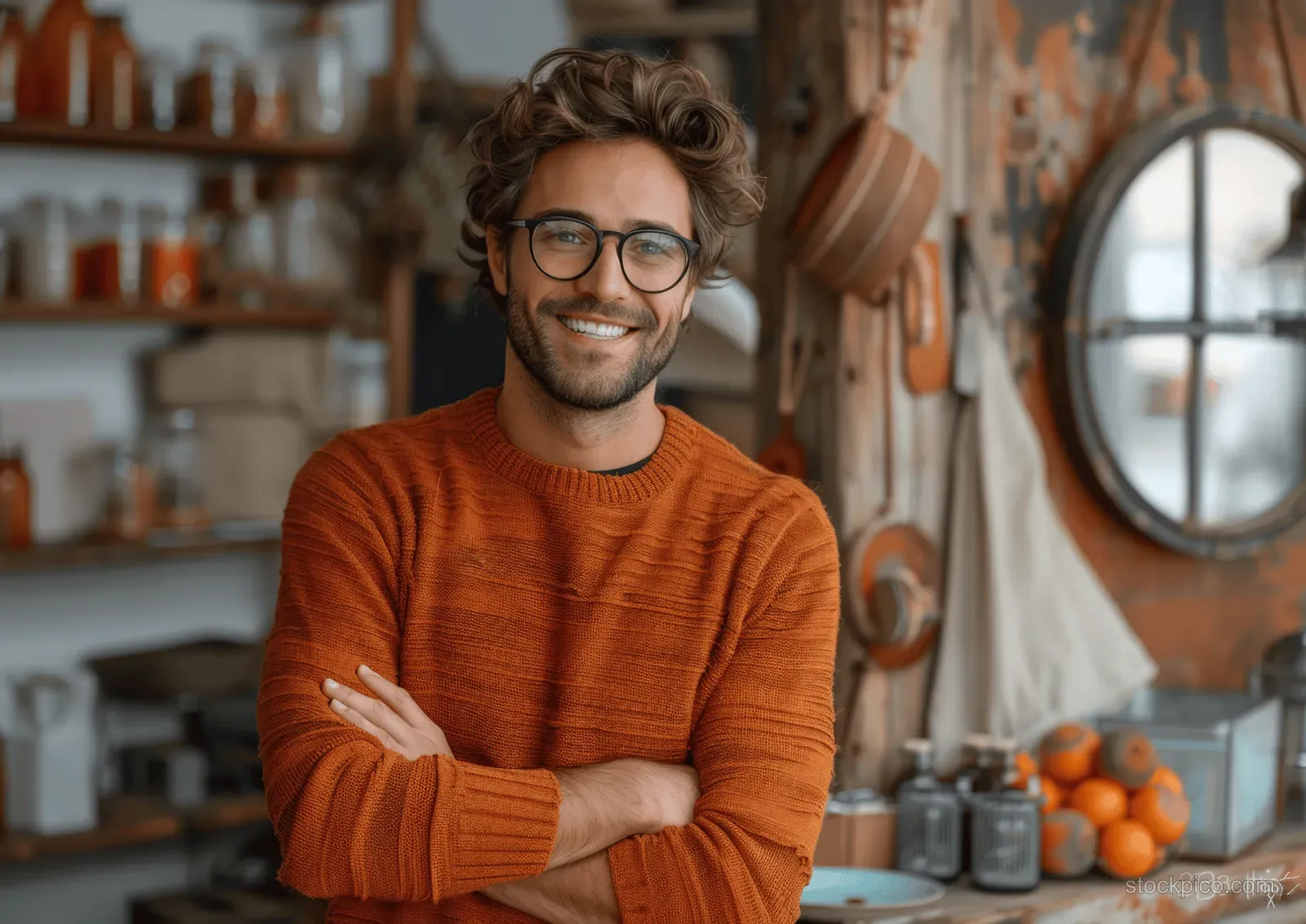 Smiling man in orange sweater gestures with an OK sign and open palm in a warmly lit café scene.