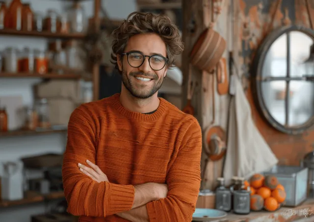 Smiling businessman in orange sweater showing OK sign and open palm gesture in café studio