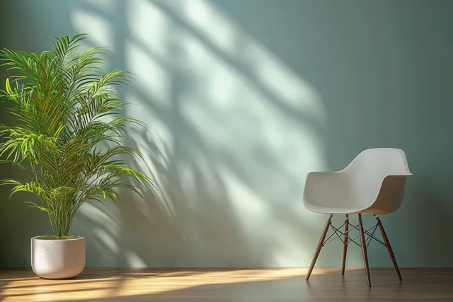 White modern chair and potted plant sit in a minimalist room with sunlit window shadows on the floor.
