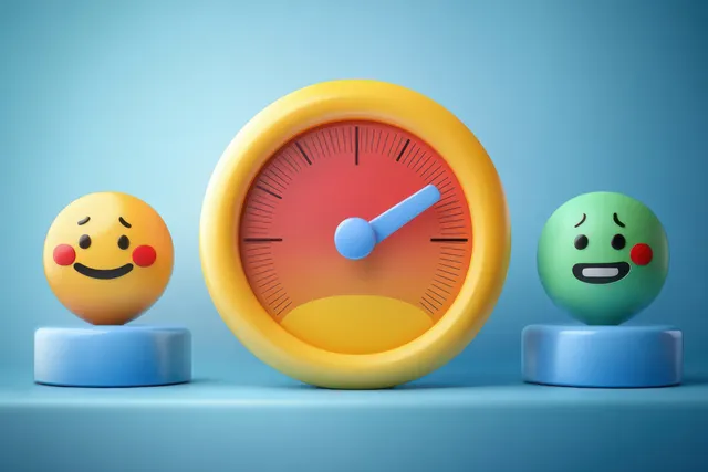 Worried yellow and green emoticon spheres flank a yellow gauge with a blue needle on a blue background.