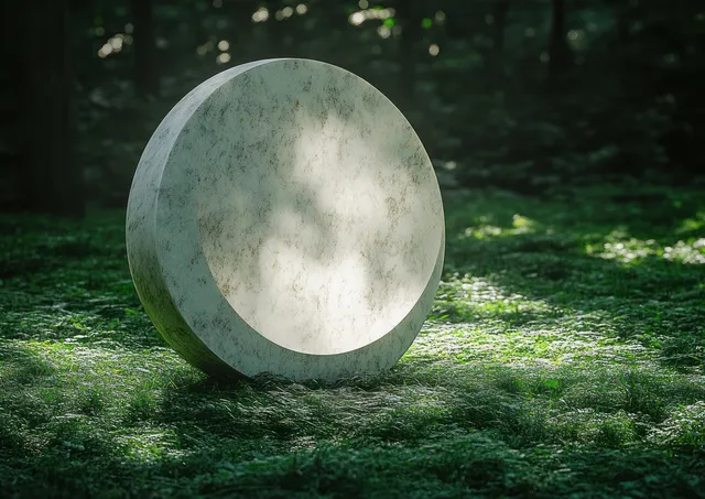 A white sphere rests on green grass in a sunlit forest clearing with soft shadows.