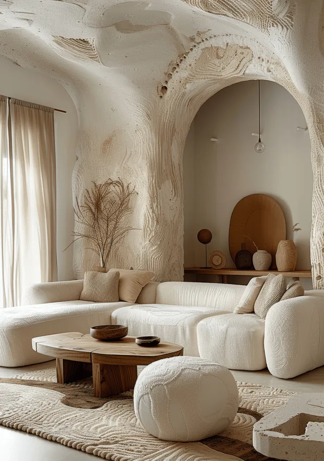 Minimalist living room with beige boucle sofa, arched stucco walls, and neutral decor in warm light.