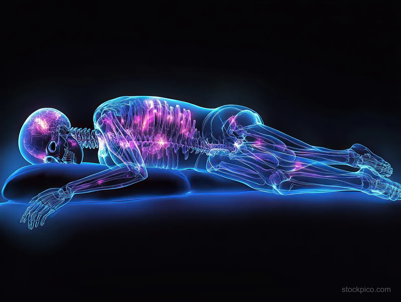 Sleeping woman lying horizontally as glowing X-ray lines reveal brain, spine, and bones in neon blue and purple.