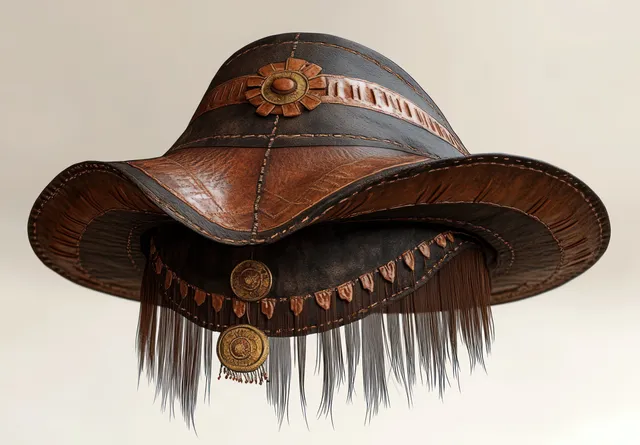 Brown leather cowboy hat with intricate stitching and dangling fringe rests against a soft neutral background.