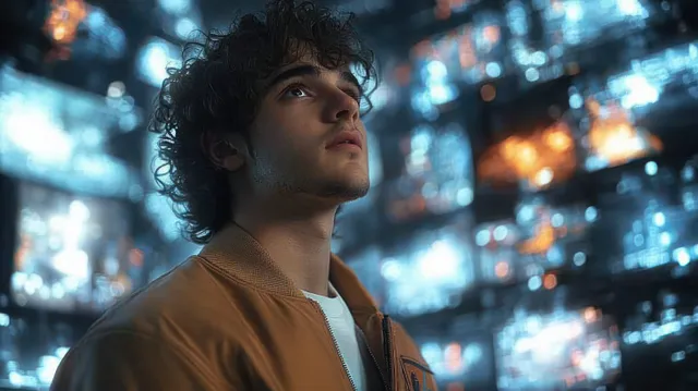 Curly-haired young man in a brown jacket looks up amid blurred neon city lights and glowing screens.
