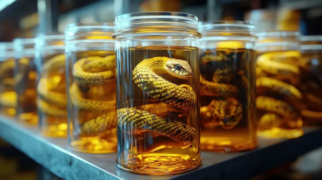 Coiled yellow and black snakes are preserved in glass jars on a shelf under warm light.