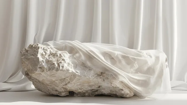 Minimalist white stone podium with flowing draped fabric against soft curtains backdrop