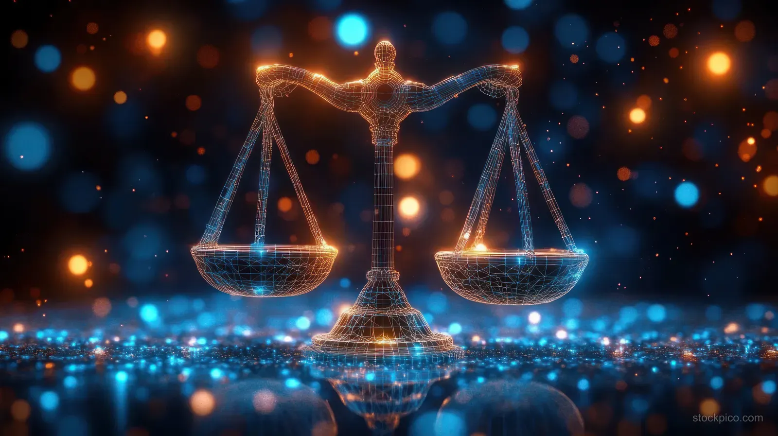 Futuristic wireframe justice scales glow with orange and blue light particles against a dark bokeh background.