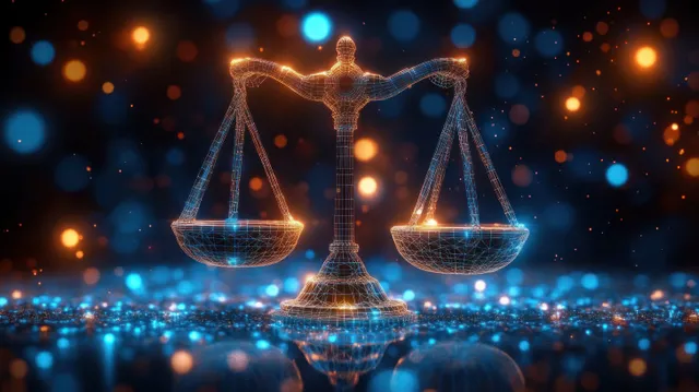 Futuristic wireframe justice scales hovering in dark bokeh, glowing orange and blue particles