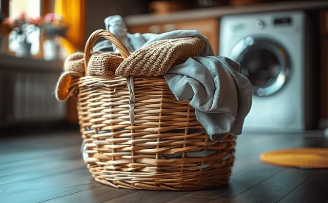 Wicker laundry basket with folded towels in foreground, washing machine softly blurred behind