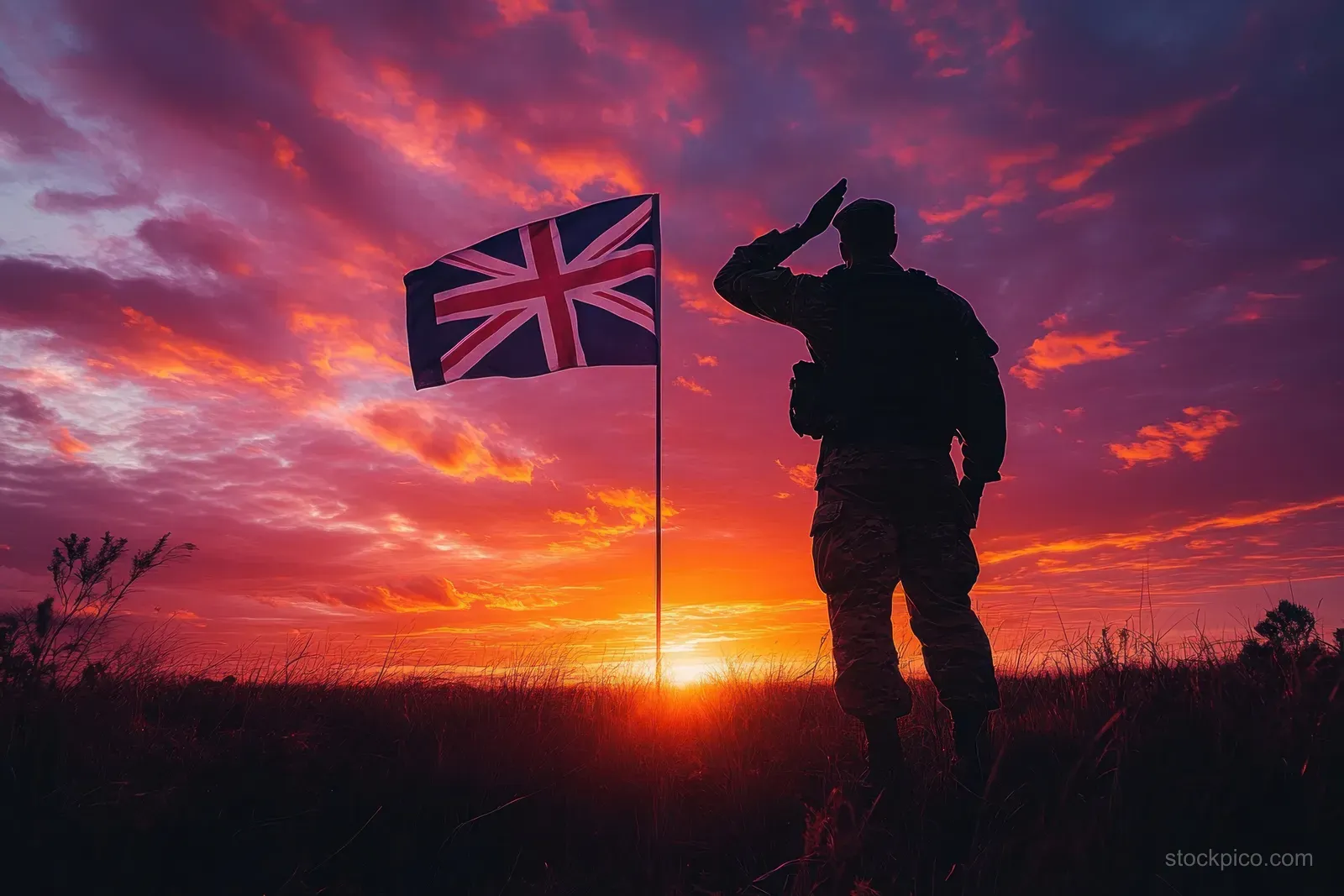 A silhouetted soldier salutes beside the Australian flag with a dramatic sunset backdrop.