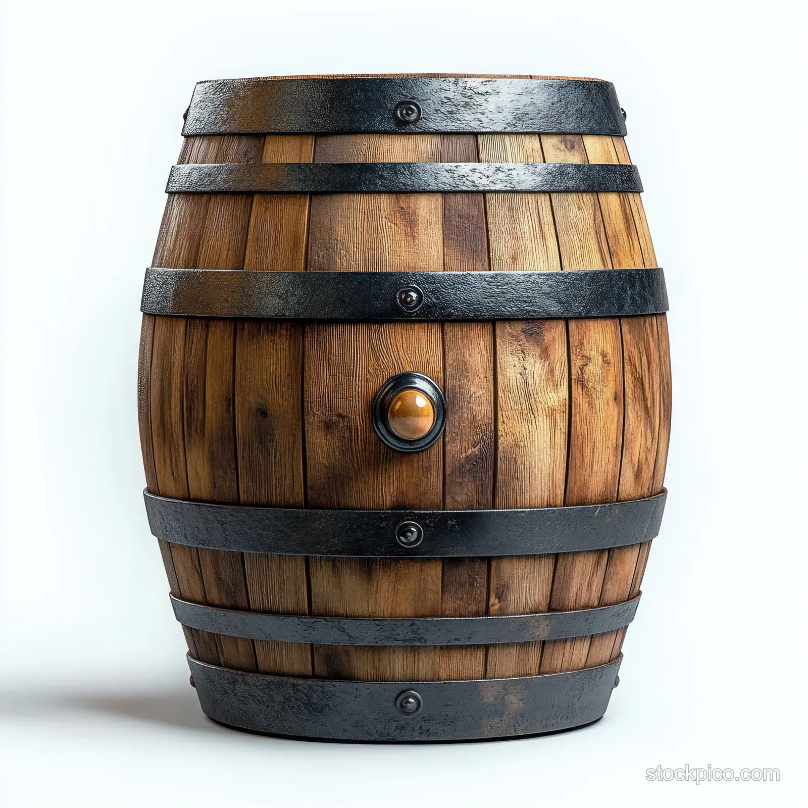 Rustic wooden barrel with metal hoops and a brass valve isolated on a white background showing wood grain.