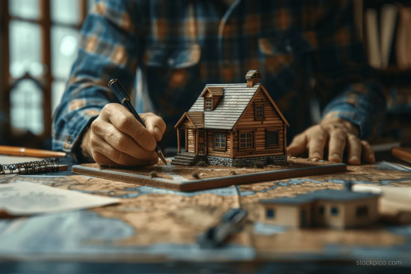 Businessman’s hands sign mortgage documents beside a small house model on a bank desk.