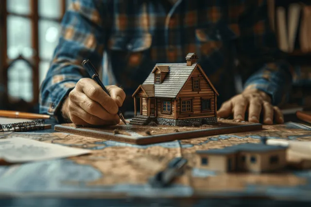 Businessman’s hands sign mortgage documents beside a small house model on a bank desk.