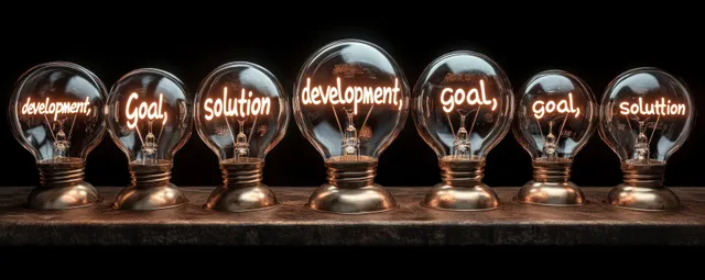 Seven vintage light bulbs on wood, glowing filaments forming development goal solution words