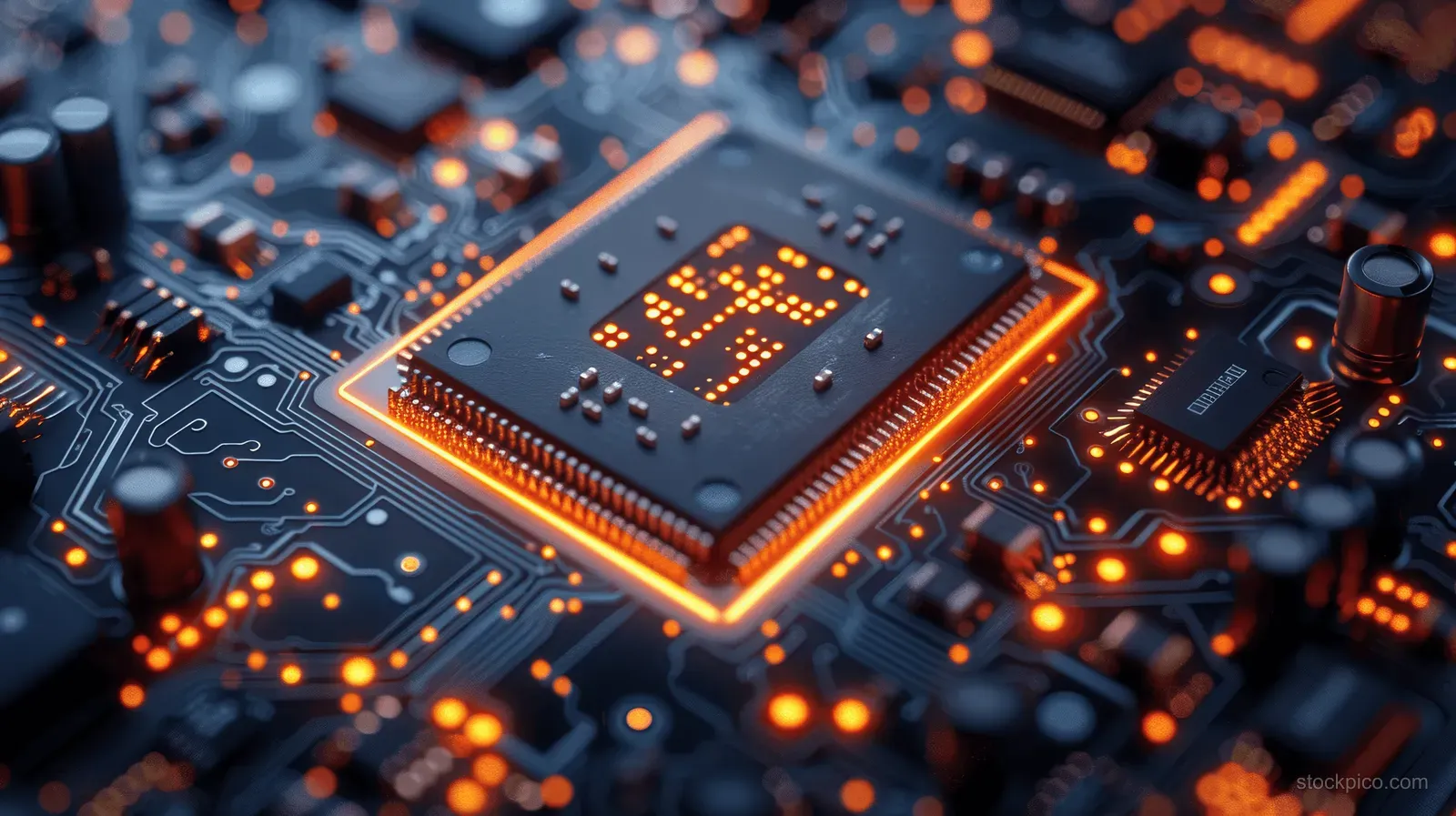 Microchip on an electronic circuit board with illuminated orange pathways and pin details in close-up.