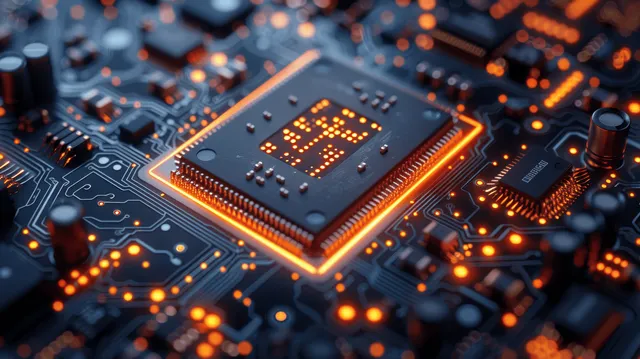 Microchip on an electronic circuit board with illuminated orange pathways and pin details in close-up.