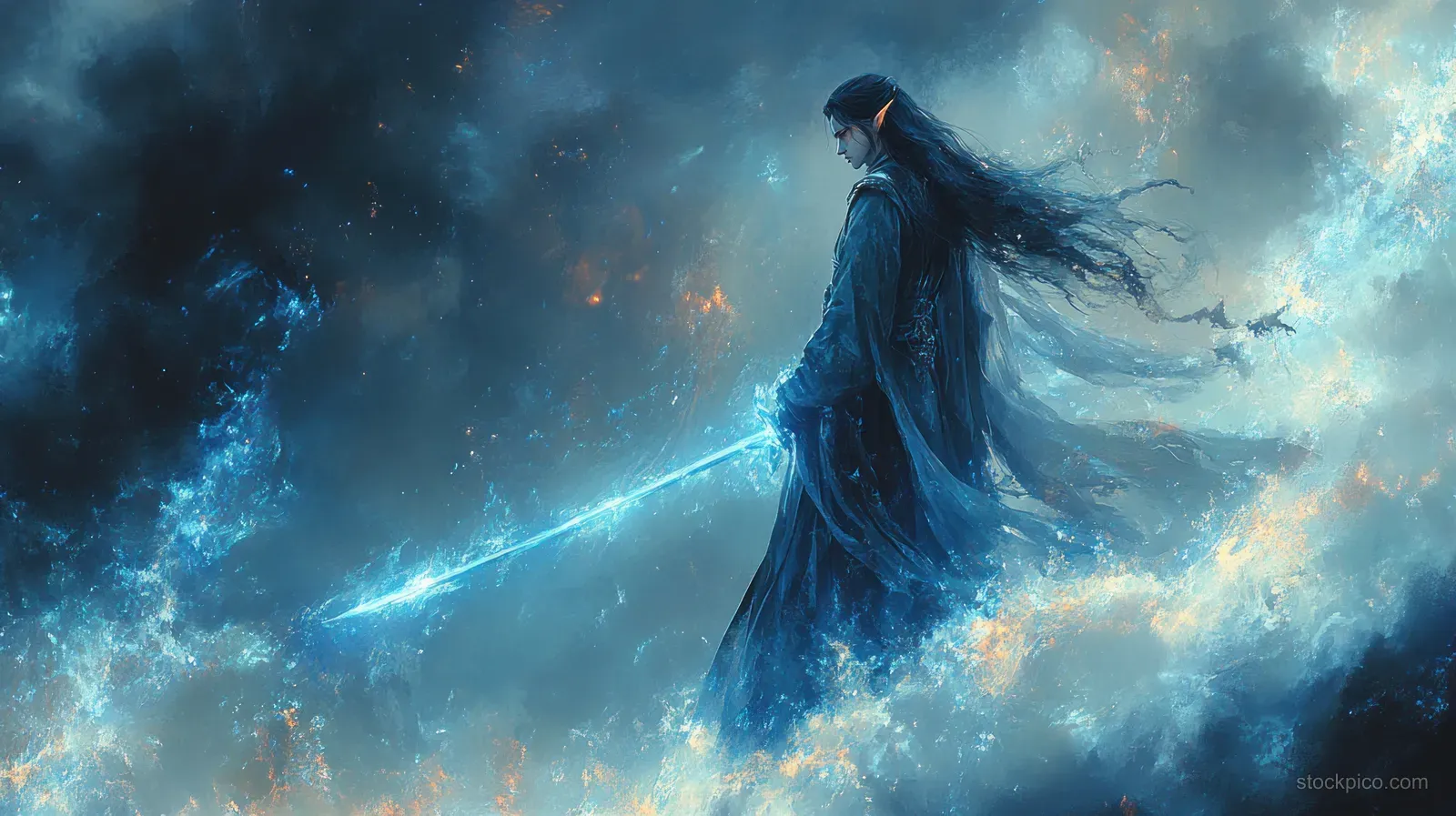 An elven warrior running forward with a glowing blue sword amid misty dark forest at night.