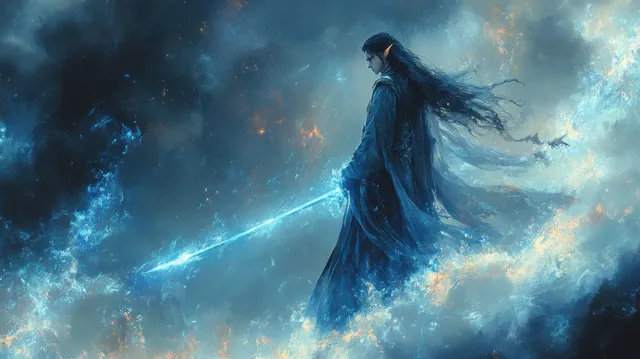 Elven warrior charging through enchanted night forest, glowing sword streaking blue light