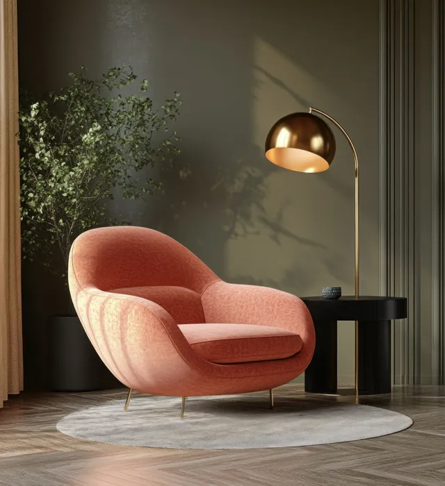 Pink armchair next to a black side table with a glowing gold lamp and leafy greenery in a dim interior.
