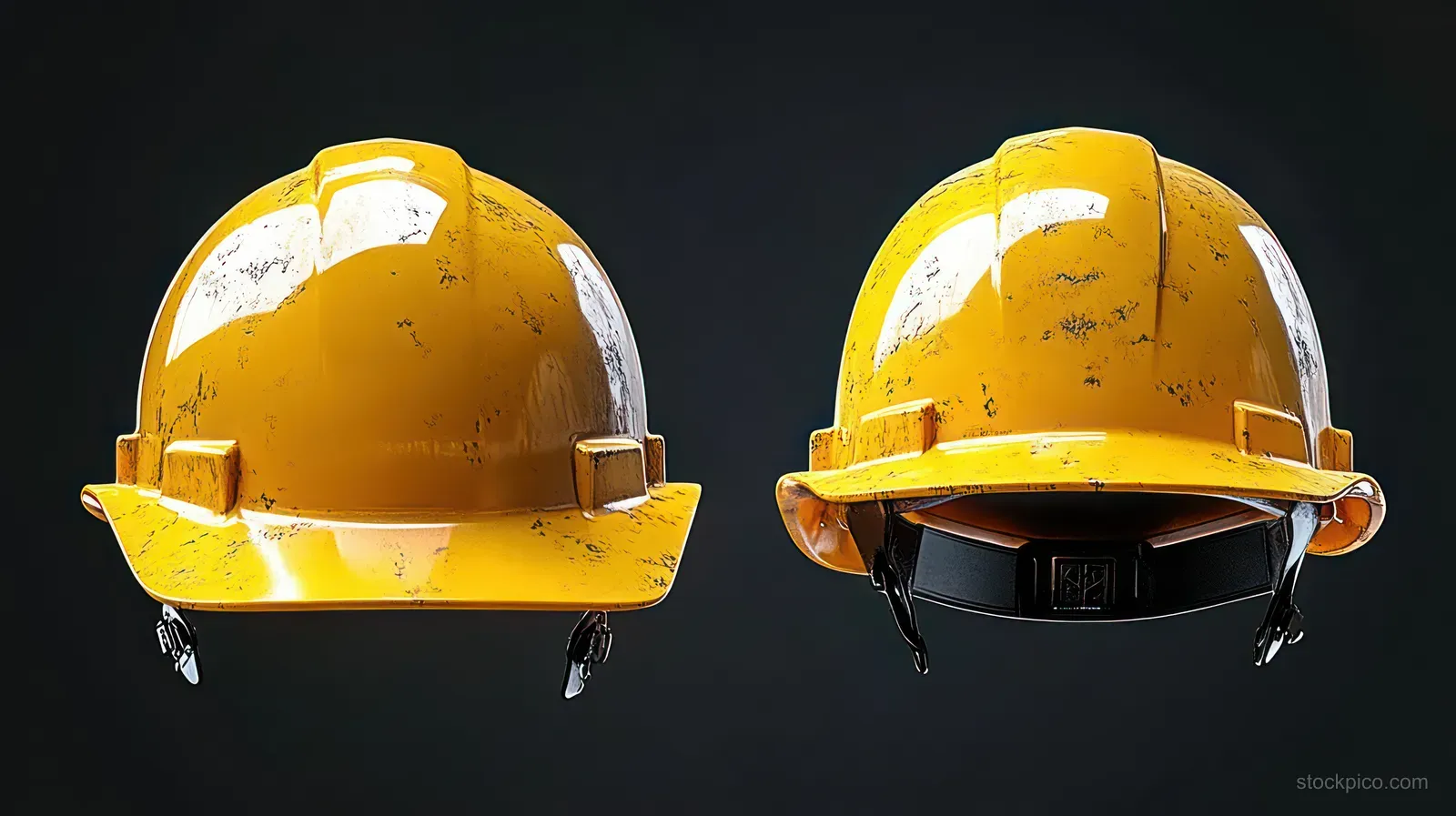 Two worn yellow construction safety helmets with scratched surfaces displayed on a dark background.
